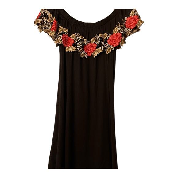 Y2K 90s Black & Red Rose Lace Slinky Off Shoulder Top & Pants Whimsigoth Size M - Picture 2 of 16